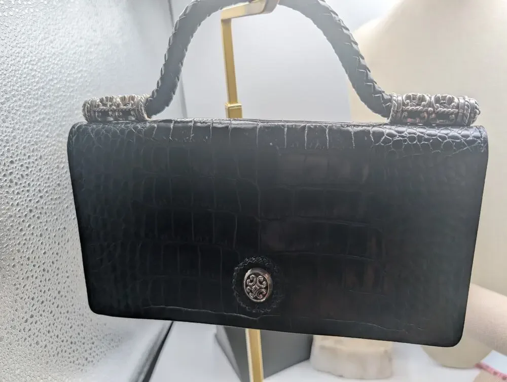 Brighton Black Croc Embossed Leather Organizer Wallet Clutch with Handle